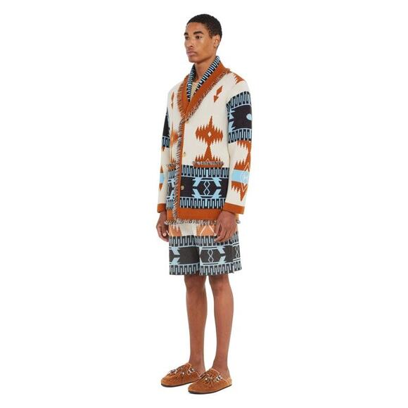 ALANUI Mens Icon Jacquard Cardigan Cashmere Sweater in Chalk Pecan L - Picture 2 of 6